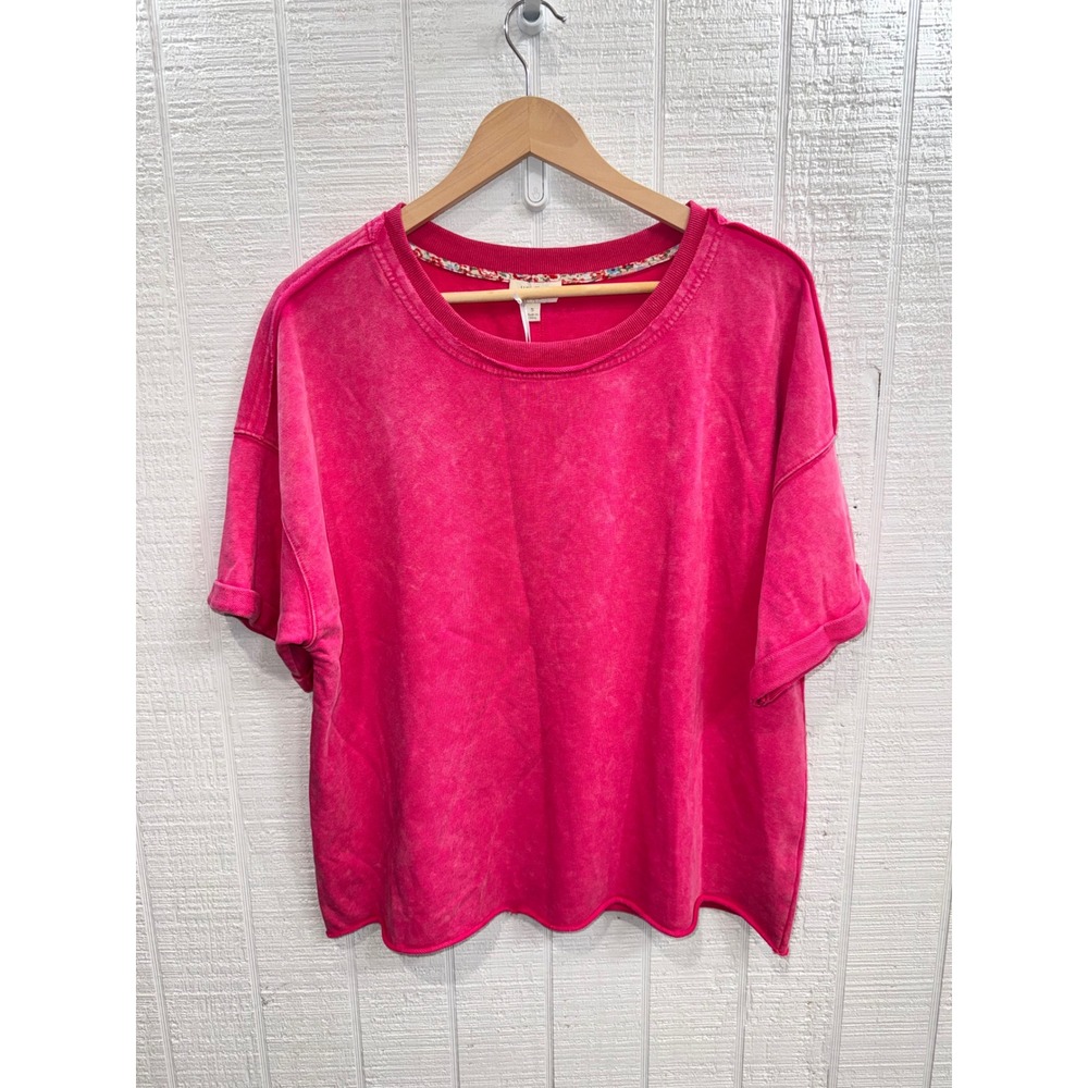 Umgee Short Sleeve Sweatshirt Women Pink Acid Wash Raw Hem K7793 Small NWT A